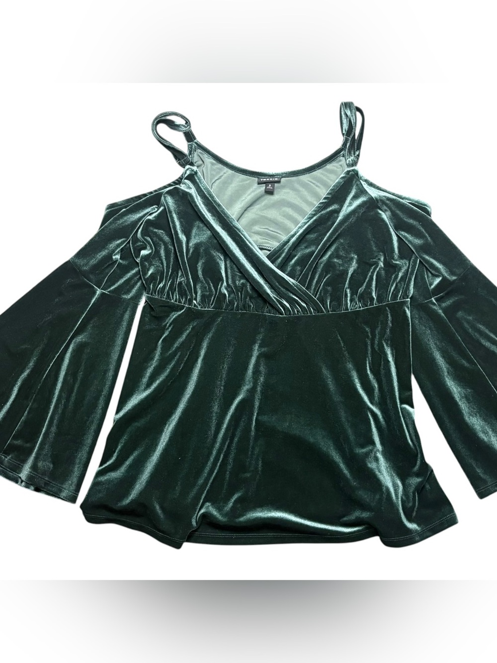 Torrid Size 2 Green Velvet Cold Shoulder Bell Sleeve Surplice Top